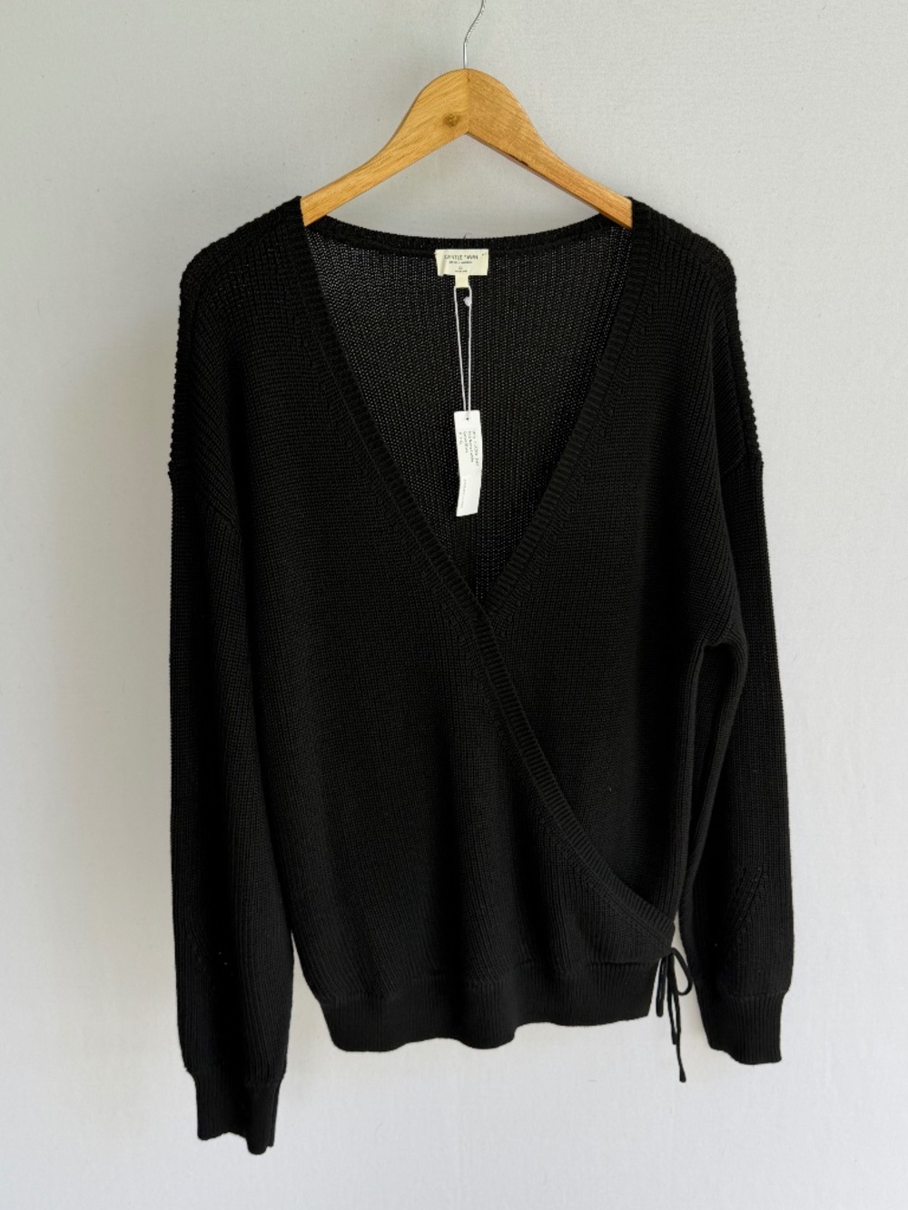 GENTLE FAWN Women’s XL Black Camille V-neck Faux Wrap Waist Tie Knit Sweater NEW